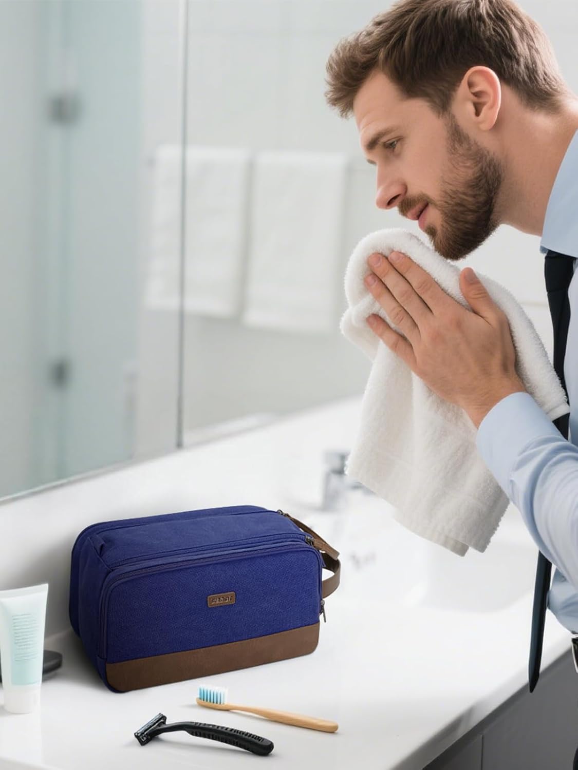 WANDF Toiletry Bag for Men Travel Toiletry Organizer Canvas and Leather Dopp Kit Water-Resistant