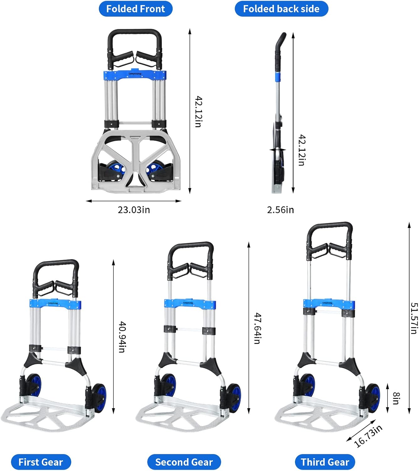Folding Hand Trucks Heavy Duty by Leeyoung,500 lb Aluminium Folding Hand Cart Dolly with 8 inch Wheels (incl 2 Bungee Cords)