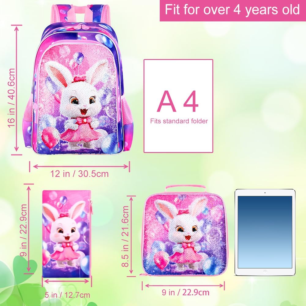 16" Bunny Backpack, 3Pcs Girls Sequin Bookbag for Elementary Preschool Kindergarten, Kids School