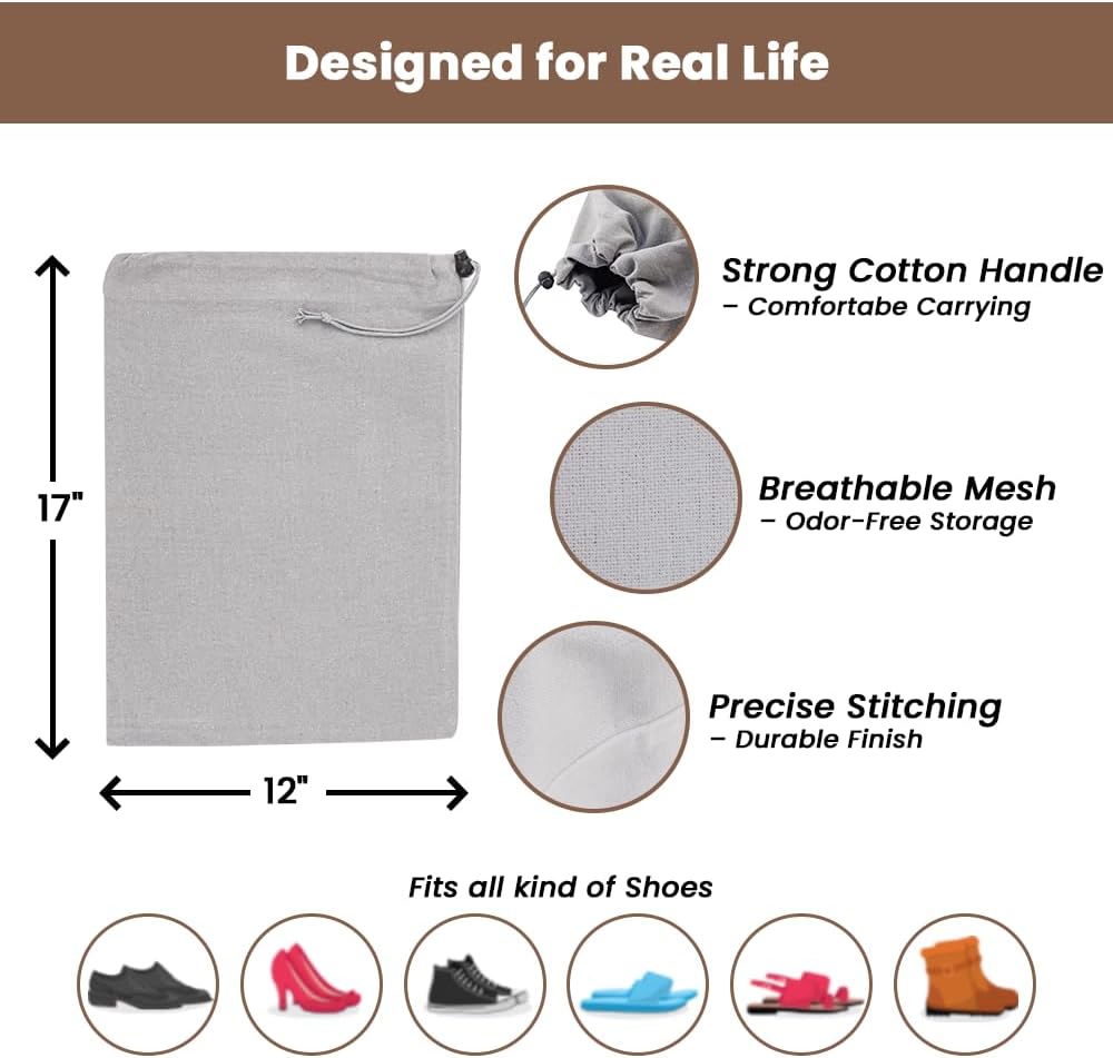LFH Cotton Rich Shoe Storage Bags with Drawstring, Dustproof Breathable Reusable Organizer, Perfect For Travel, Dorm, Hotel, College, Gym, Easy to Carry, Machine Washable 12"x17" (Pack of 2) - Grey