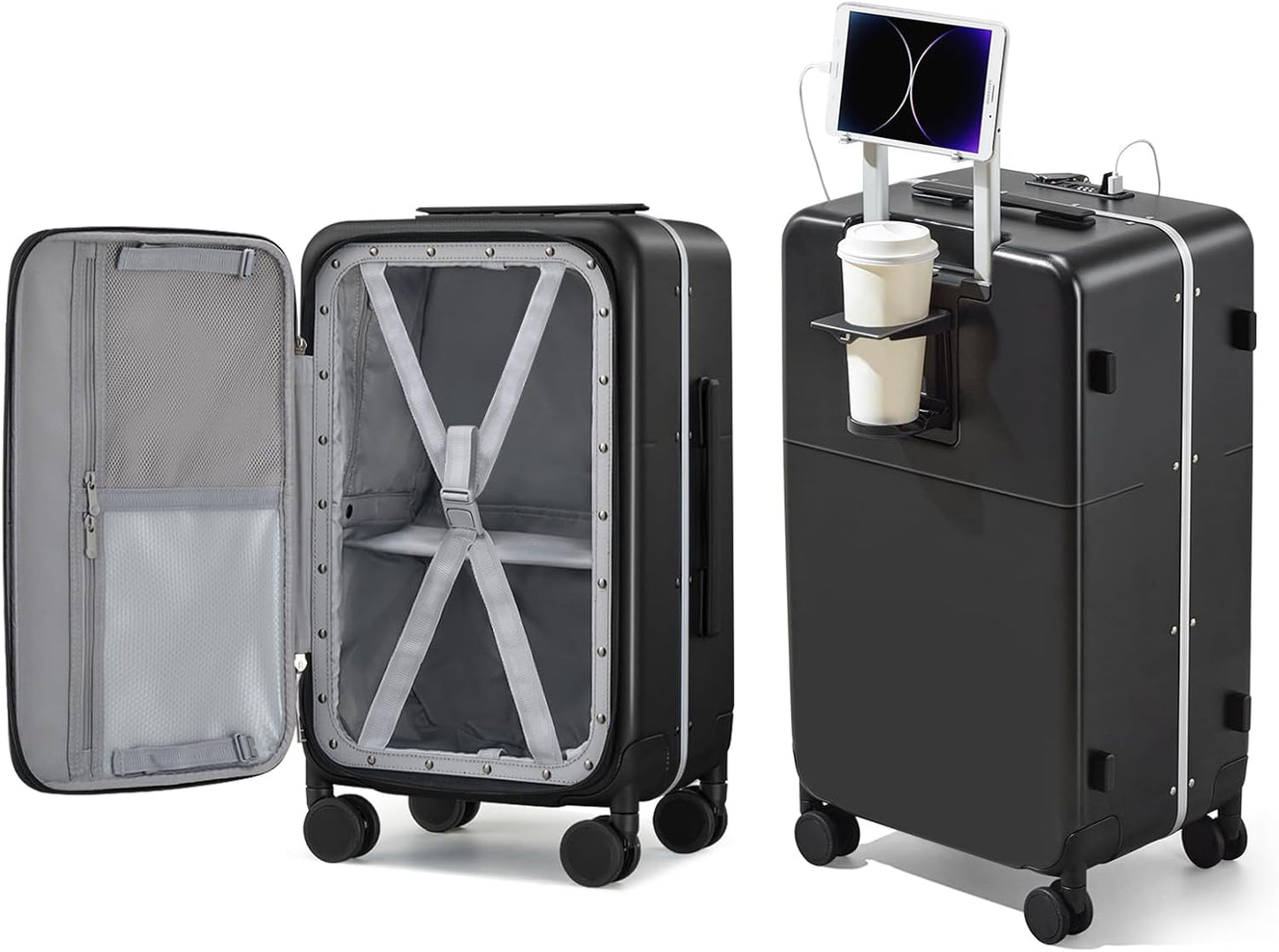Hanke 20 Inch Carry On Luggage with Cup Holder and Charge,Top Opening Hard Shell Suitcases with