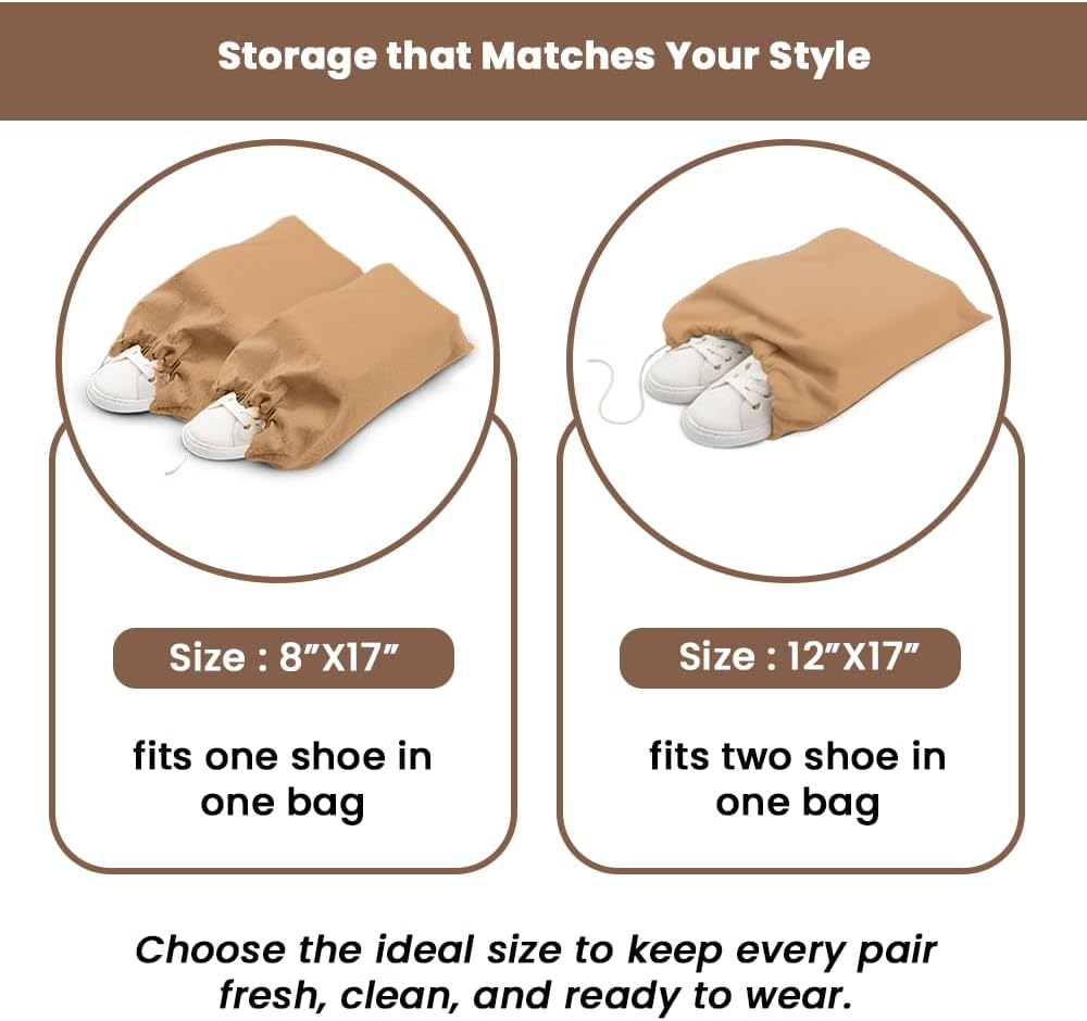 LFH Cotton Rich Shoe Storage Bags with Drawstring, Dustproof Breathable Reusable Organizer, Perfect For Travel, Dorm, Hotel, College, Gym, Easy to Carry, Machine Washable 8"x17" (Pack of 2) - Beige