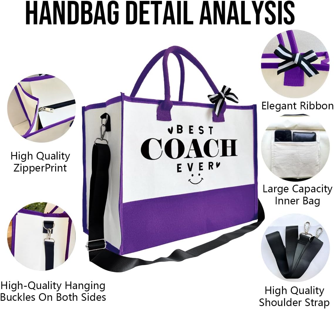 SUSZDOU Gifts for Best Coach Ever - Canvas Beach Tote Bag with Matching Makeup Pouch, Durable Travel Gym Camping Bag, Thank You Gift for Sports Coach, Female Trainers Gifts for Women I1