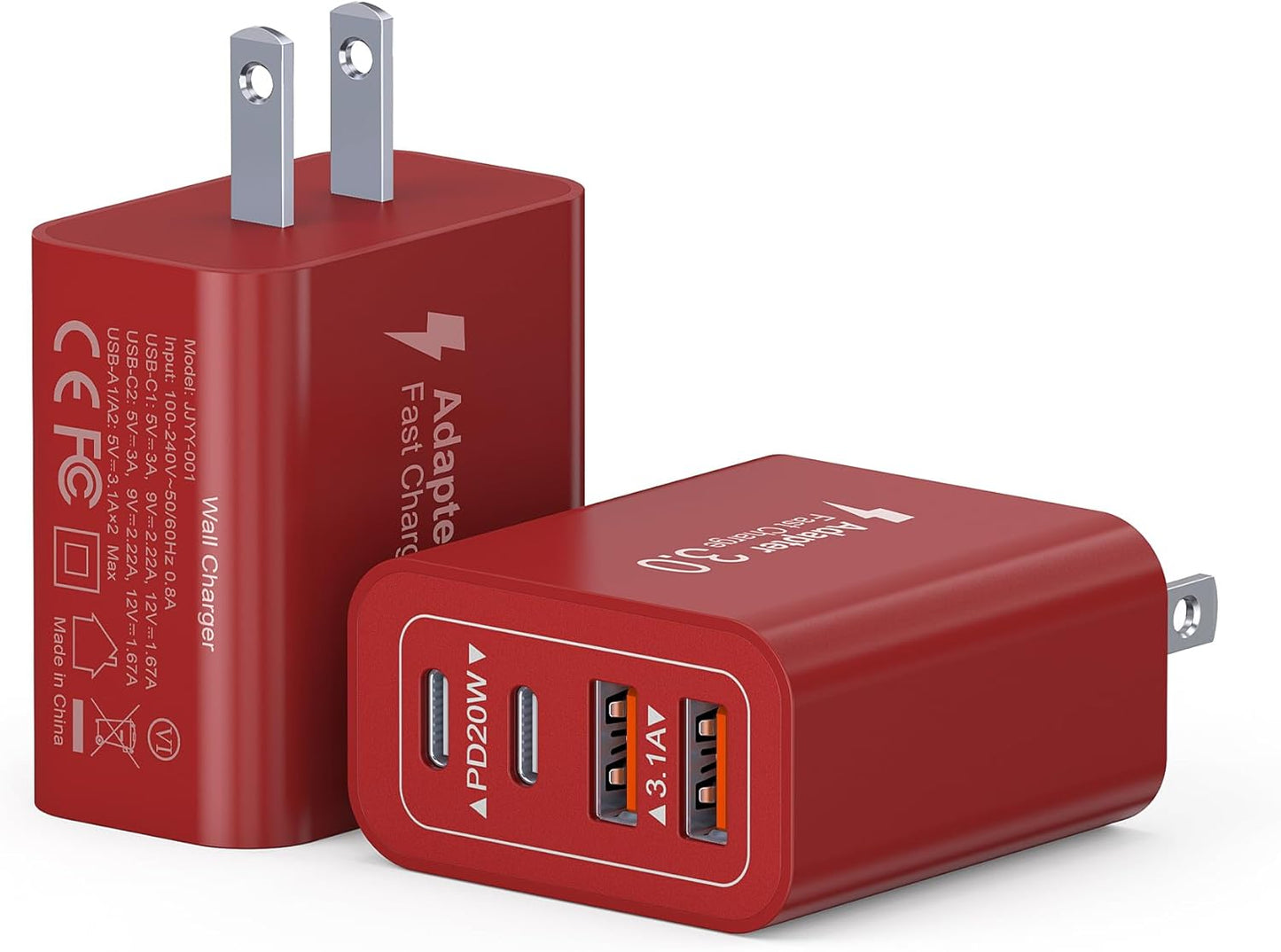 40W USB C Charger Block, 2-Pack 4-Port Type C Fast Charging Brick Dual PD&QC Wall Plug Adapter Power Brick for iPhone 13/14/15/16/17/Pro/Pro Max/Plus/iPad/Airpods/iwatch/Samsung Galaxy (Red)