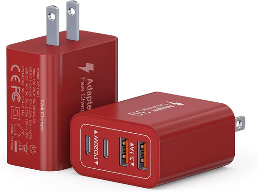 40W USB C Charger Block, 2-Pack 4-Port Type C Fast Charging Brick Dual PD&QC Wall Plug Adapter Power Brick for iPhone 13/14/15/16/17/Pro/Pro Max/Plus/iPad/Airpods/iwatch/Samsung Galaxy (Red)