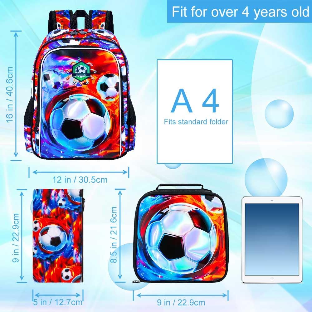 Soccer Backpack for Boys, 16" Kids Bookbag with Lunch Box, 3Pcs Football School Backpacks for Elementary Preschool Kindergarten (Fire and Ice)