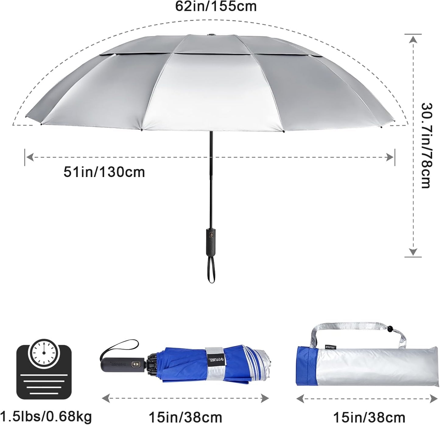 G4Free 42/46/54/62 Inch Large Golf Umbrella Compact Reverse Travel Umbrella 10 Ribs Windproof for Rain Double Canopy Automatic Open Close