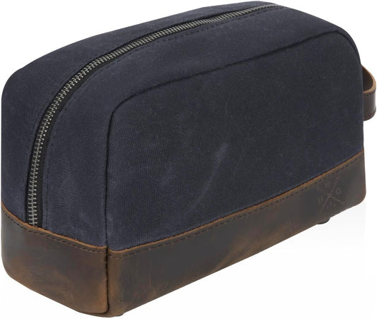 Waxed Canvas and Leather Toiletry Bag, Vintage Style Travel Bag (Black)