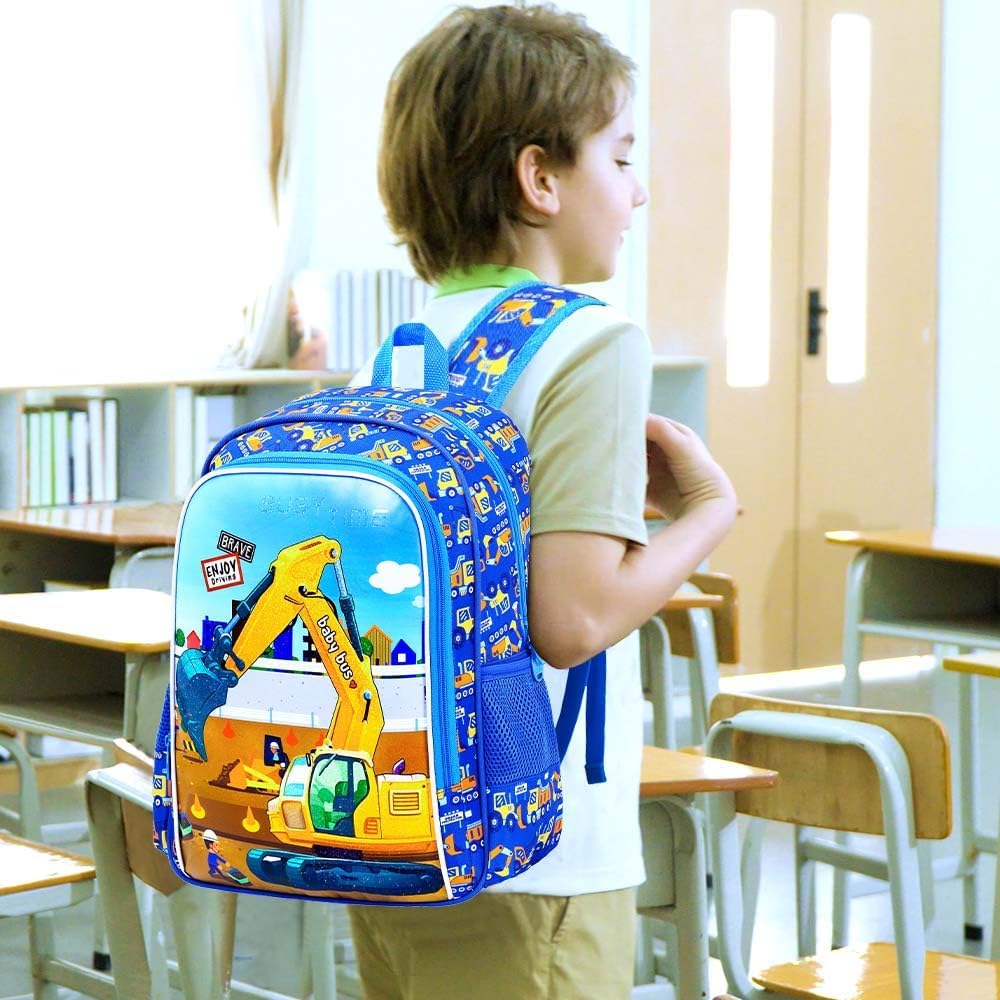 3PCS Excavator Backpack for Boys, Water Resistant Kids Digger Bookbag Set with Lunch Box, Cute School Bag for Preschool Toddler