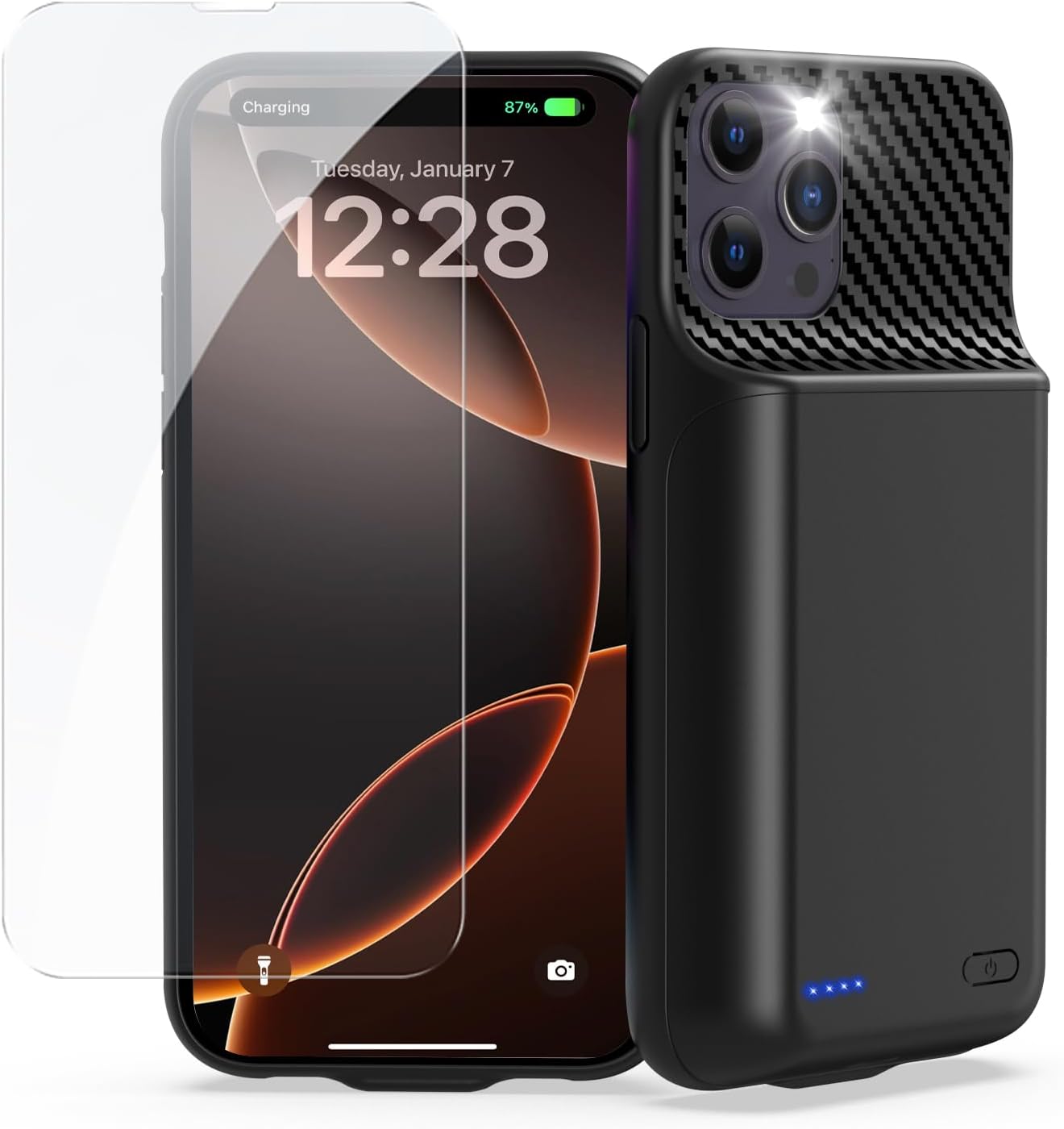Upgraded 13800mAh Battery Case for iPhone 13 Pro Max, 14 Pro Max, 14 Plus [6.7 Inch] - High Capacity Portable Charger Case with Tempered Glass Screen Protector Black