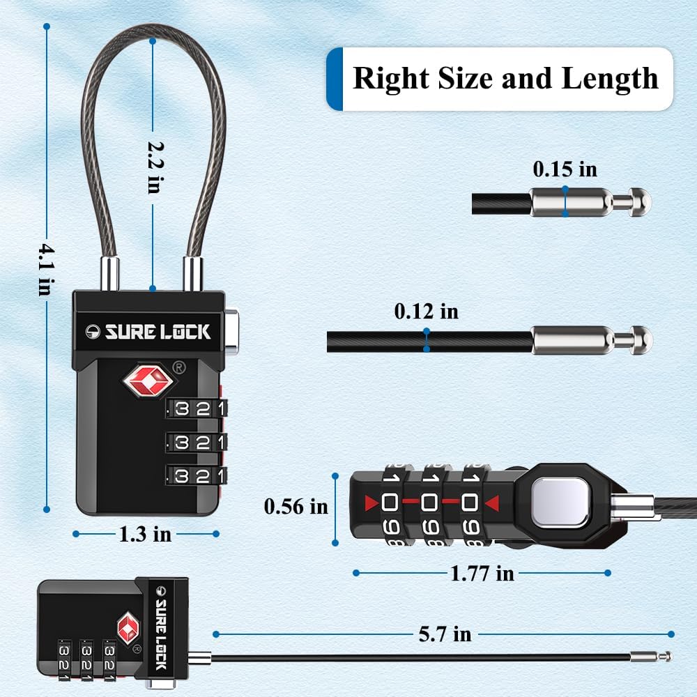 SURE LOCK TSA Approved 3-Digit Combination Luggage Locks – Open Alert Indicator, Re-settable Code
