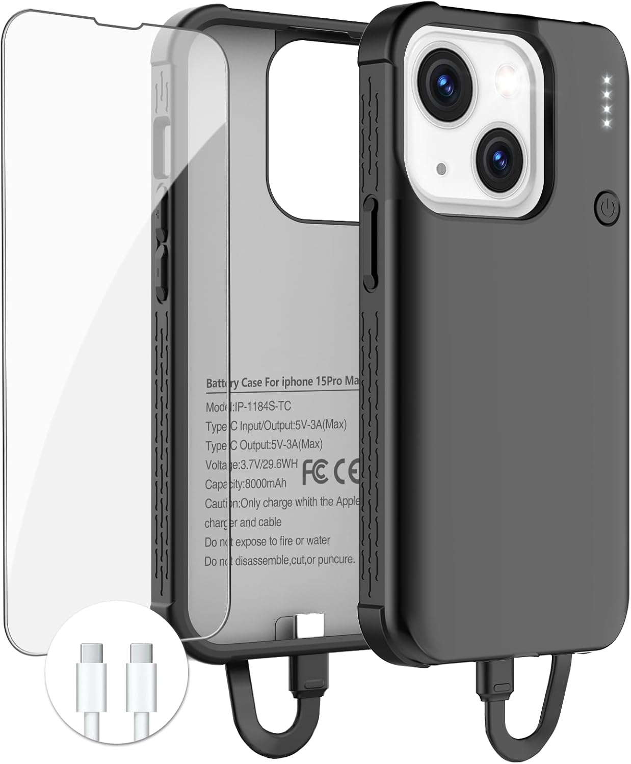 GIN FOXI Fast Charging Battery Case for iPhone 15 Pro Max/15 Plus, 8000mAh 15W Ultra Slim Charger Case Rechargeable Portable Extended Power Bank Case Cover Battery Pack Built-in Cable, Black (6.7”)