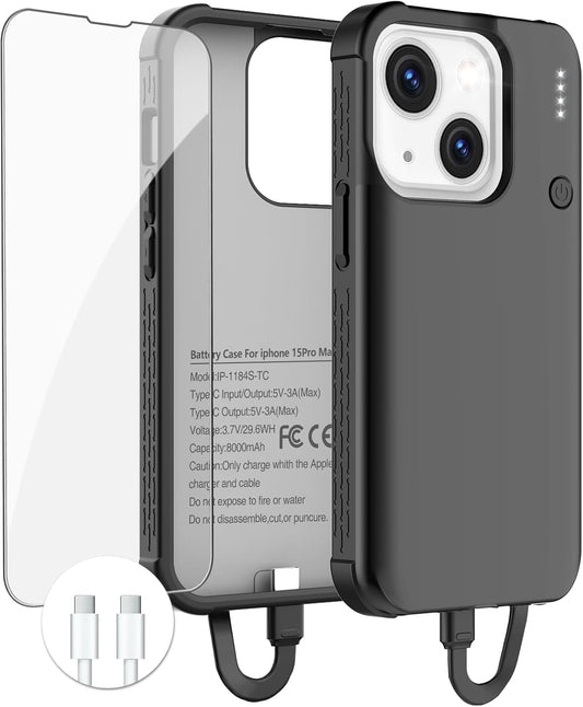GIN FOXI Fast Charging Battery Case for iPhone 15 Pro Max/15 Plus, 8000mAh 15W Ultra Slim Charger Case Rechargeable Portable Extended Power Bank Case Cover Battery Pack Built-in Cable, Black (6.7”)