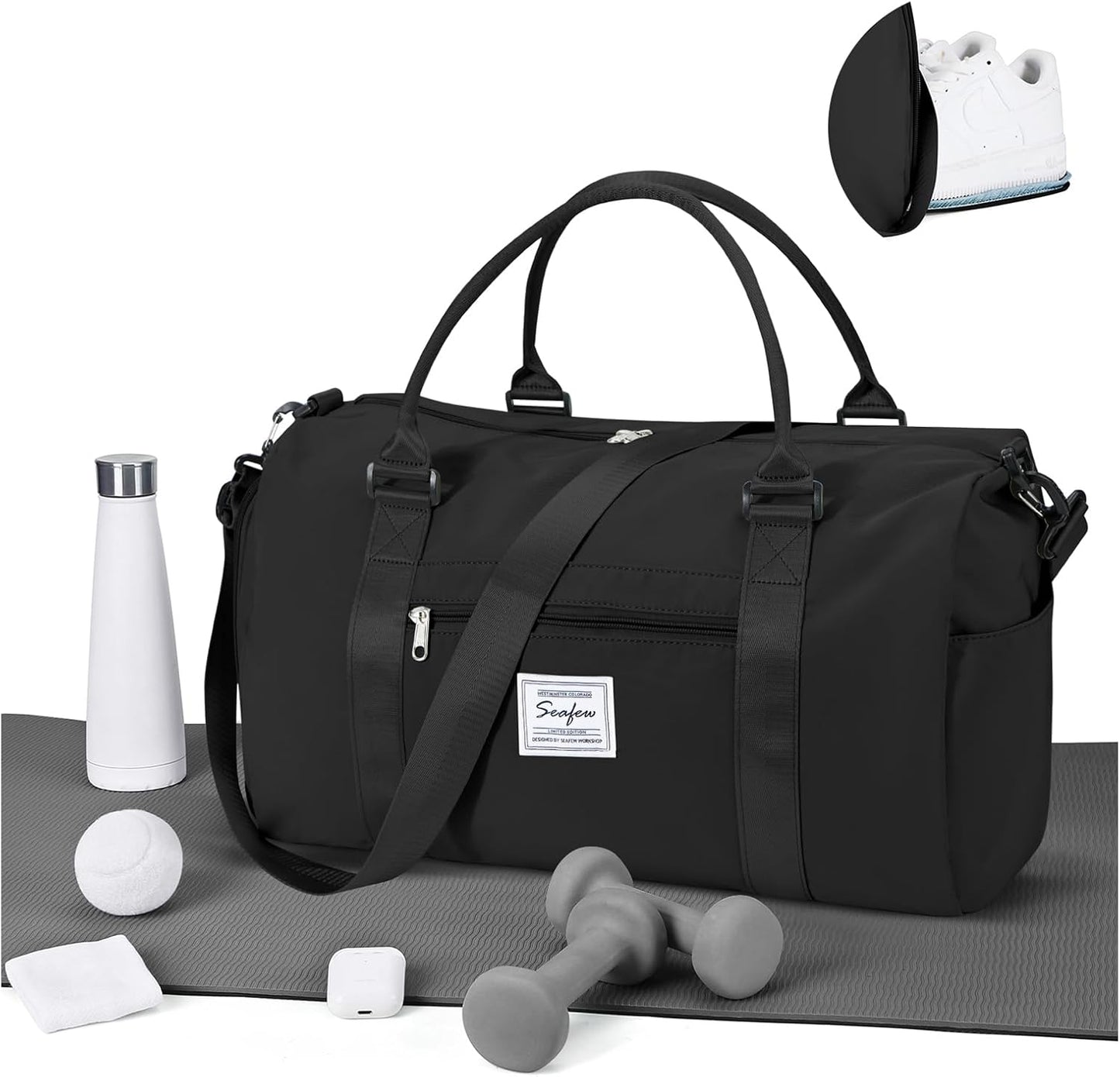 Gym Bag for Women Men with Shoes Compartment Sports Duffle Bag Personal item travel Duffel Bags Small Carry on Weekender Overnight Tote Bags Workout Dance Bags Hospital Holdalls Black