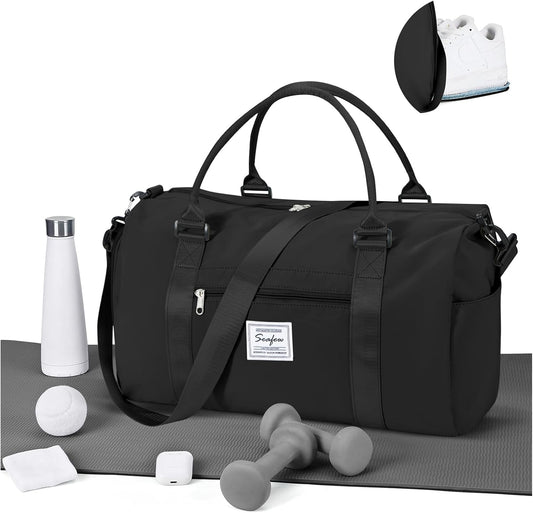 Gym Bag for Women Men with Shoes Compartment Sports Duffle Bag Personal item travel Duffel Bags Small Carry on Weekender Overnight Tote Bags Workout Dance Bags Hospital Holdalls Black