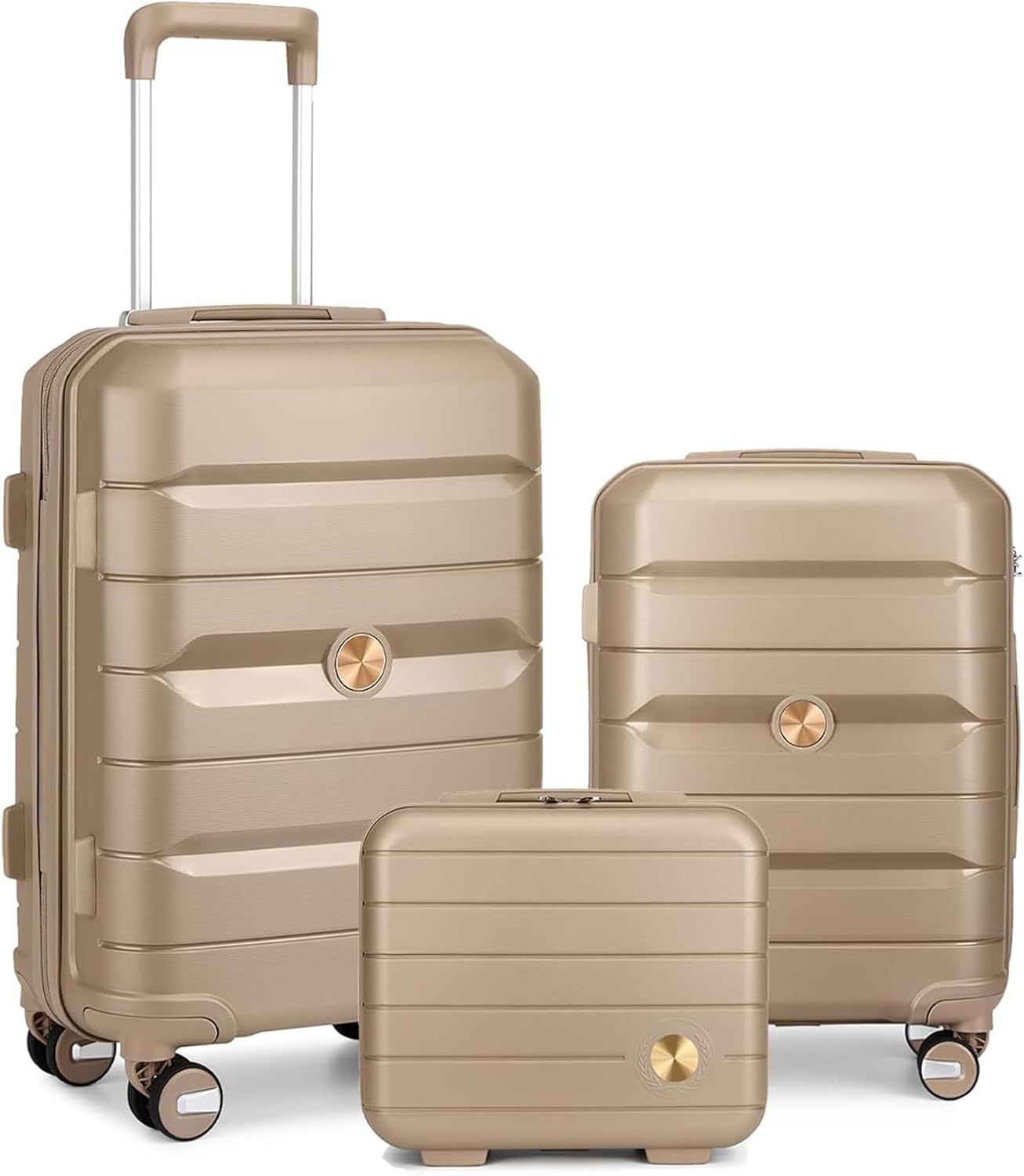 Somago Luggage Sets 3 Piece Hard Shell Polypropylene Suitcase with TSA Lock Spinner Carry On Luggage with Beauty Case Travel Set,Noble Golden