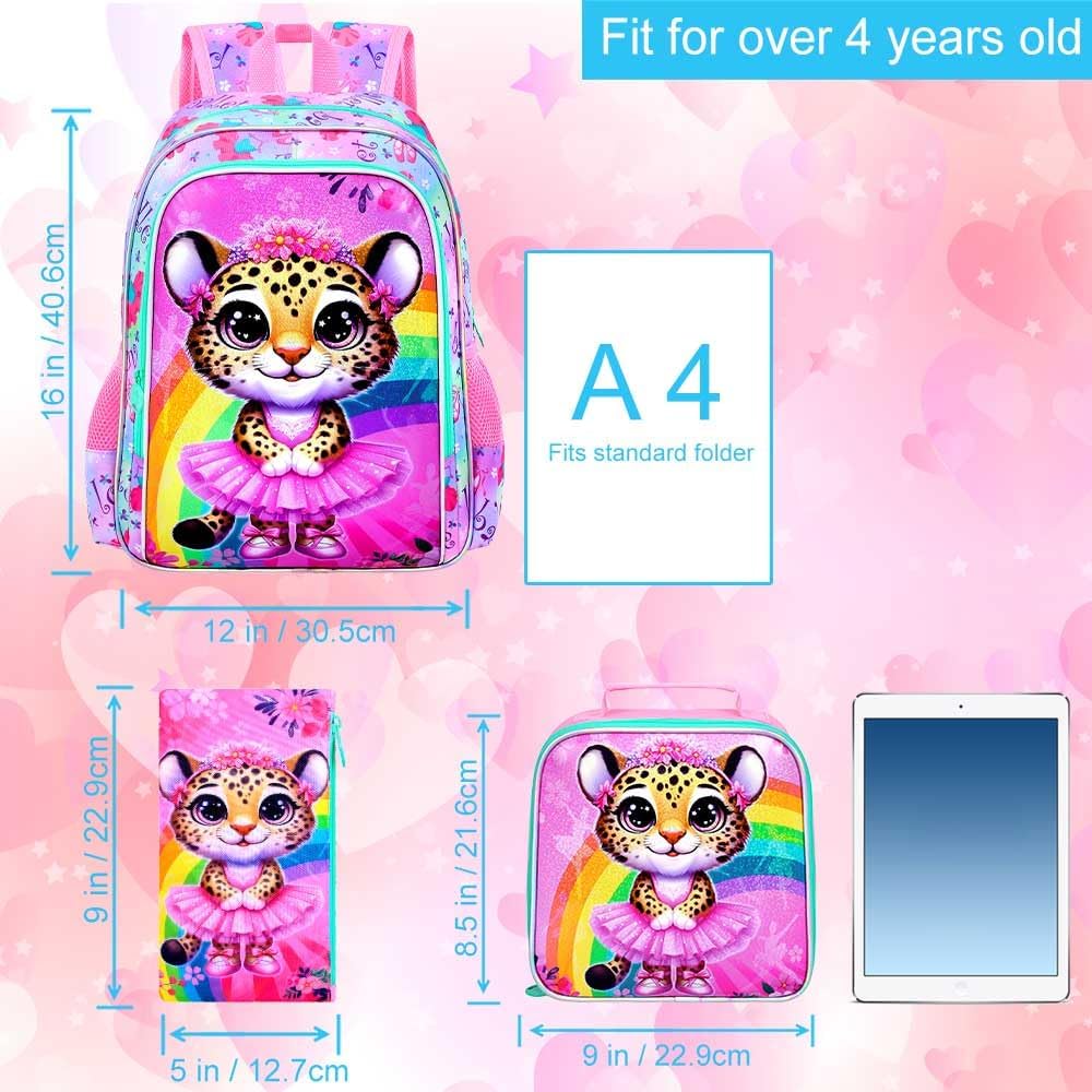 CCJPX 3PCS Ballet Backpack for Girls, 16 Inch Kids Leopard Water Resistant Preschool Bookbags, Cute