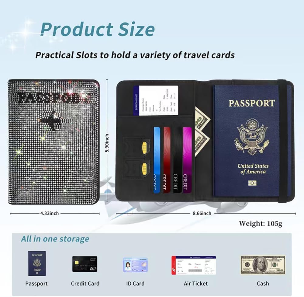 Genuine Leather Wallet Passport Holder for Men and Women Travel Organizer with Bling Rhinestone Design Elegant and Stylish (Grey)