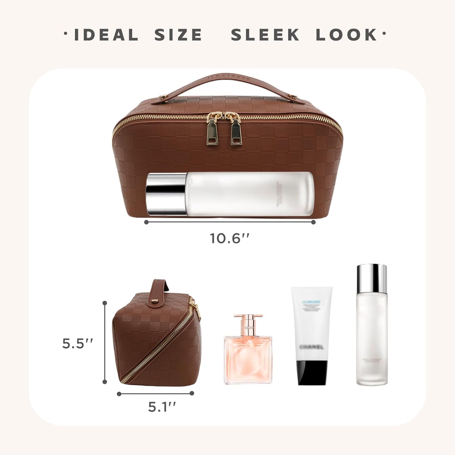 Travel Makeup Bag – Large Cosmetic Organizer with Waterproof PU Leather, Smooth Double Zipper & Tear-Resistant Lining, Toiletry Pouch for Women (Brown)