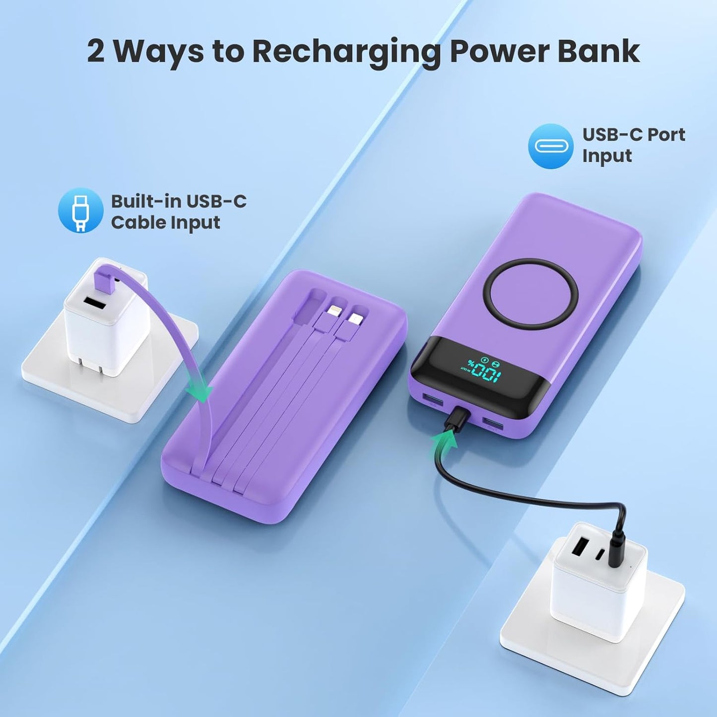 Wireless Portable Charger 40800mAh for iPhone with 3 Built-in Cables,7-in-1 15W Wireless Charging USB C Power Bank,25W PD Fast Charging Travel Essential Battery Pack for iPhone 17/16/15,Android-Purple