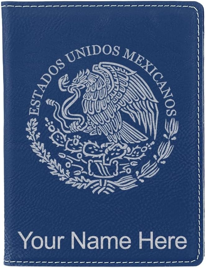 LaserGram Faux Leather Passport Holder, Flag of Mexico, Personalized Engraving Included (Dark Blue)