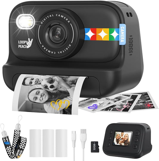 Instant Print Camera for Kids, Birthday Gifts for Girls and Boys Ages 3-12 - 1080P Video Camera for Kids, Gift Ideas for Boys Ages 3 4 5 6 7 8 9 10 11 12 - Girls' Gifts for Christmas/Holidays (Black)