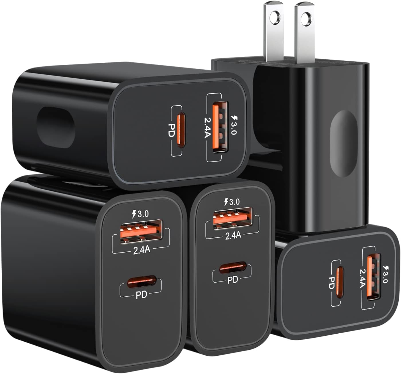 20W USB C Fast Charger+Quick Fast Charger 3.0 Wall Charger, Bangfun 5 Pack Dual Port PD Fast Charging Block Power Adapter Compatible iPhone 17/16/15/14/13/12/11 Pro Max/XS/SE/Plus, Samsung S20 (Black)