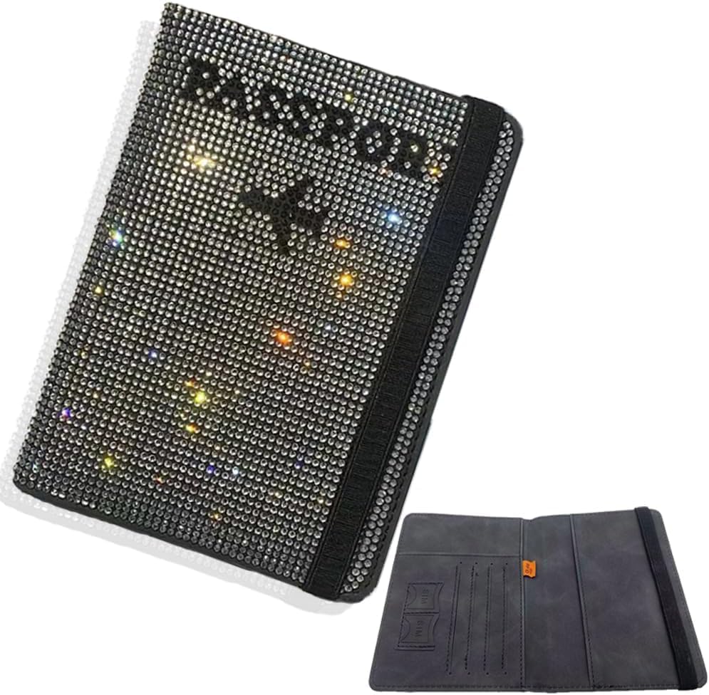 Genuine Leather Wallet Passport Holder for Men and Women Travel Organizer with Bling Rhinestone Design Elegant and Stylish (Grey)