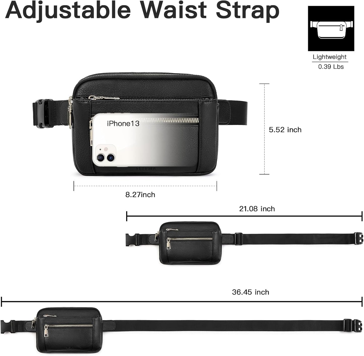 Telena Fanny Packs for Women Cross Body Bag Leather Belt Bag Fashionable Waist Bag with Adjustable Strap Black
