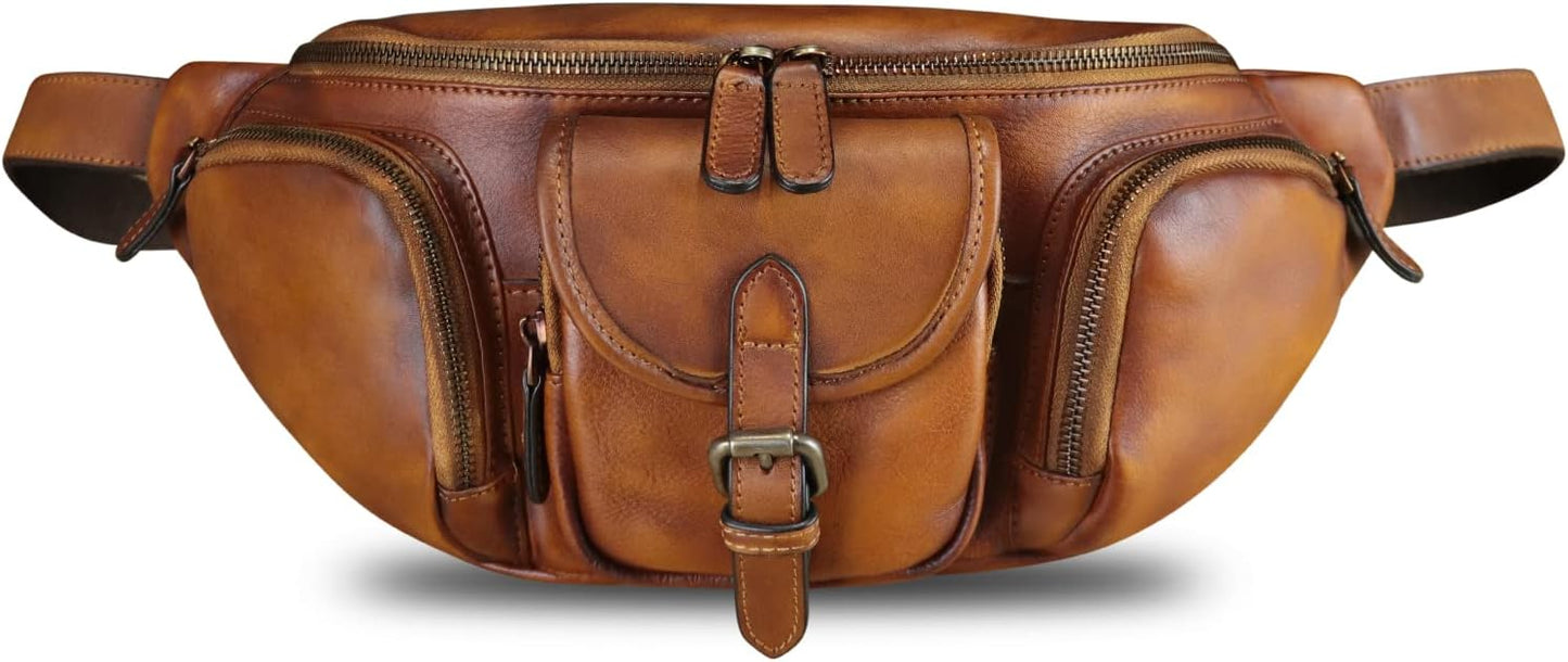 Genuine Leather Fanny Pack for Men and Women Real Leather Sling Bag Crossbody Bag Fashion Waist Bag Chest Purse (Brown)