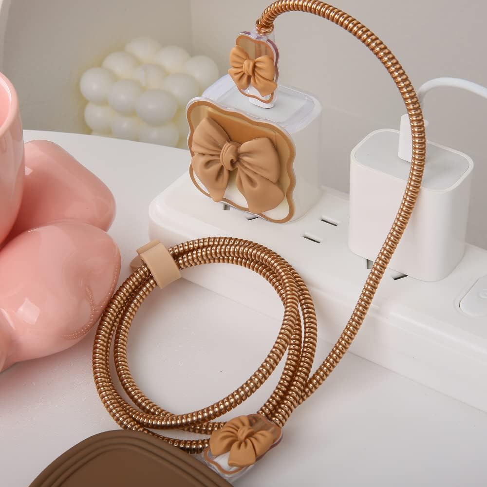 Compatible with iPhone 18W/20W USB-C Charger Cover Cute 3D Bow Tie Design Clear Soft Charger Protector Kawaii Cable Saver for iPhone 11 12 13 14 Pro Max Fast Power Adapter, Brown 2 (5in1)
