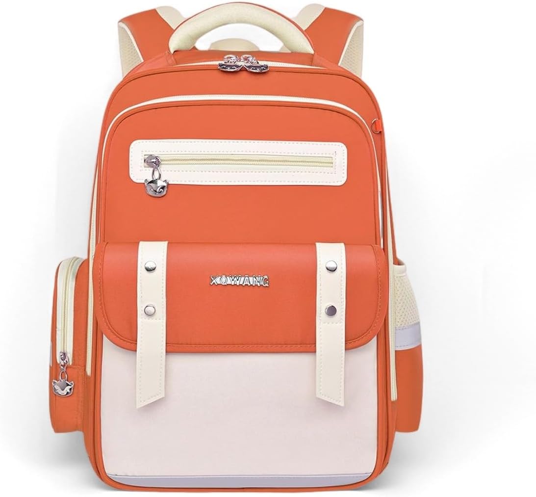 Kids Backpack for Kids, Lightweight Waterproof Orange White Backpack for School, Kindergarten Elementary School Students Boys & Girls Backpack with Safety Whistle and Includes a Detachable Waist Belt