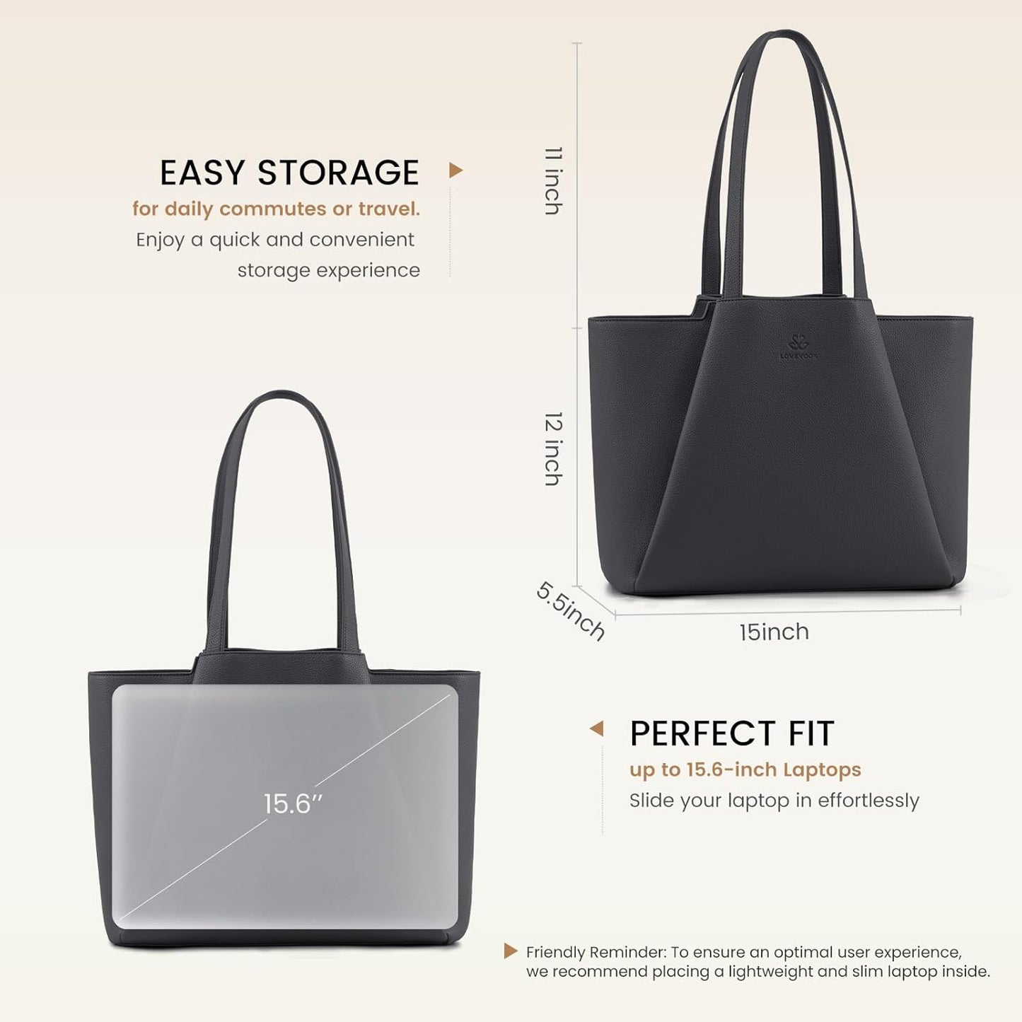 LOVEVOOK Women's Lead Gray 15.6 Inch Laptop Tote Bag, Large Capacity Work Bag with Clutch, Water Resistant PU Leather, Reinforced Bottom