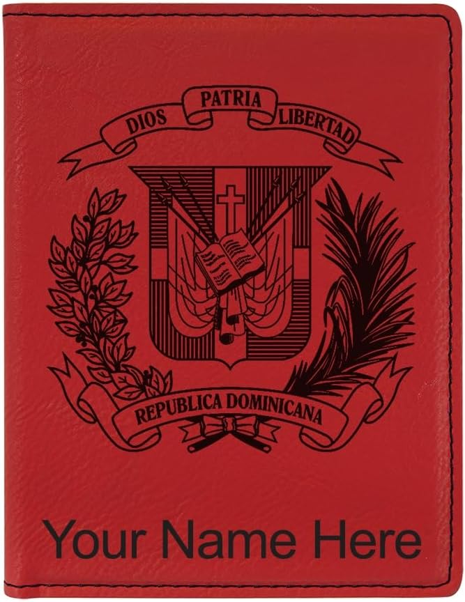 LaserGram Faux Leather Passport Holder, Coat of Arms Dominican Republic, Personalized Engraving Included (Red)