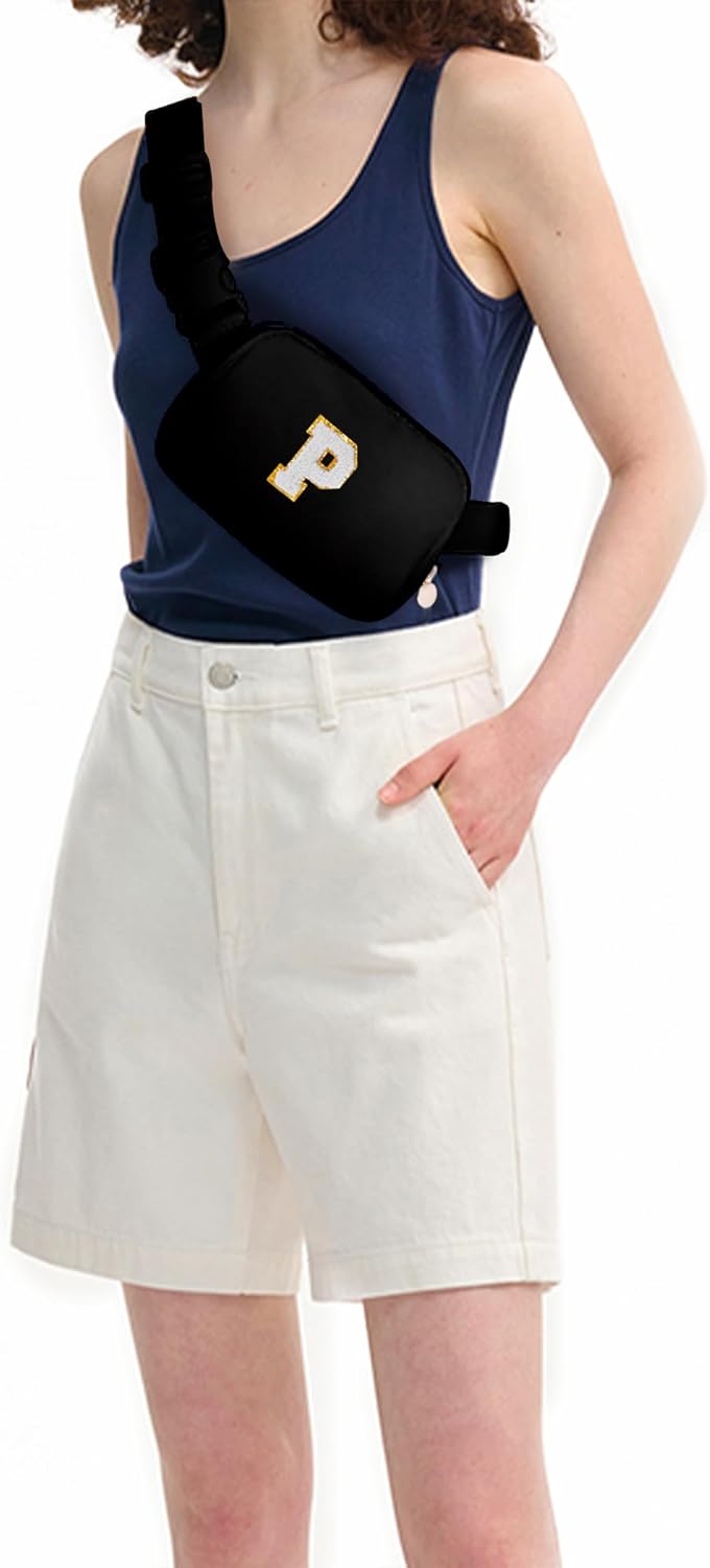 Belt Bag Crossbody Bags for Girls Women - Gifts for 8 9 10 11 12 13 Year Old Girl - Teen Birthday Gifts - Small Waist Packs Trendy Kids Fanny Pack - Initial White P,Black Bag