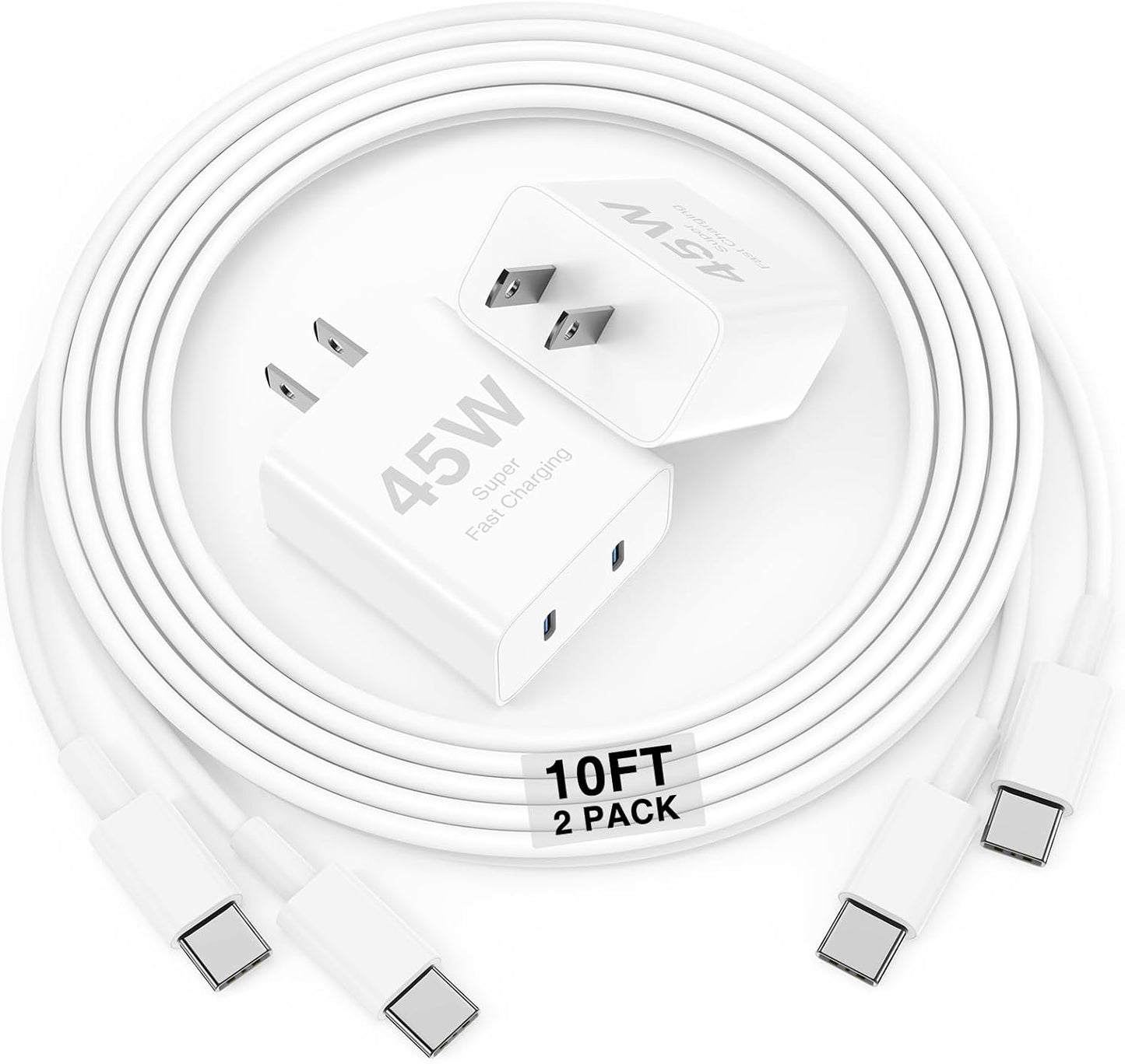 Dual Port 45W iPhone 17 16 15 Charger and 10ft Type C to C Cable Cord Long, USB C Fast Wall Charging Block Plug Power Adapter for Apple iPhone 17 Pro Max/17 Air/16 Pro/16 Plus/15/15 Mini/iPad/Samsung