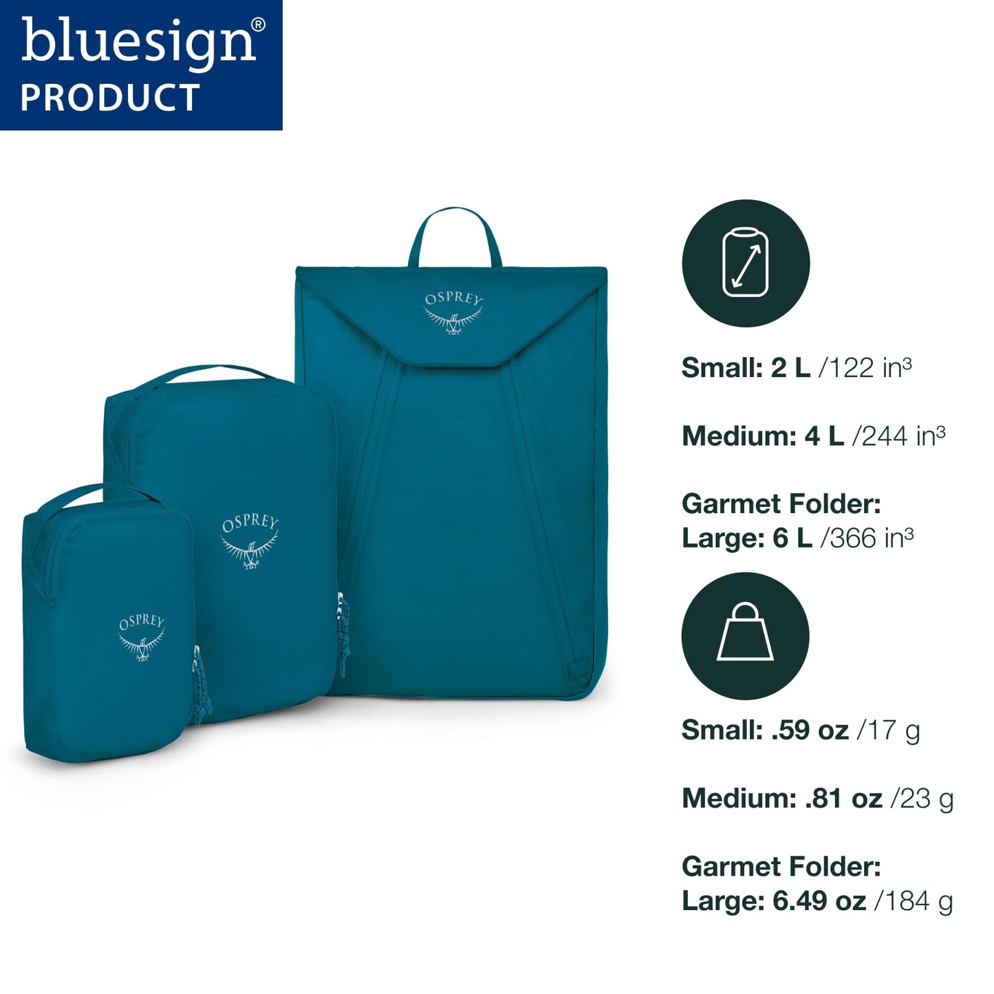 Osprey Ultralight Travel Starter Set, Includes Small & Medium Packing Cube and Garment Folder, Black