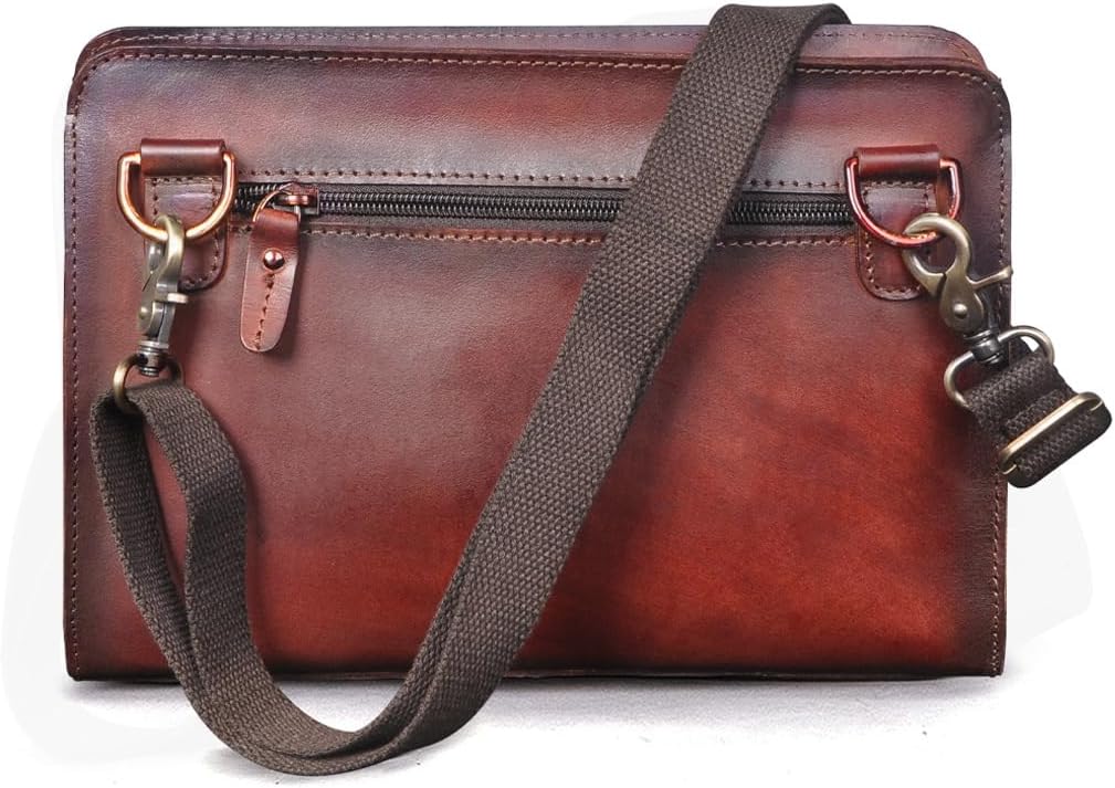 Vintage Crazy Horse Leather Business Briefcase - Under Arm Clutch Bag with Tablet Case & Organizer