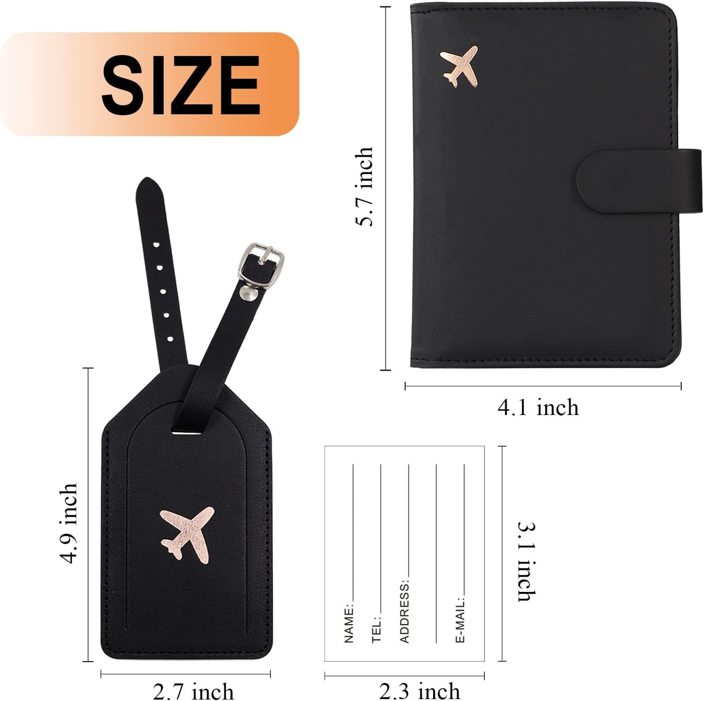Real Leather Wallet RFID Passport Holder with Suitcase Tag Set Card Slots (Black)