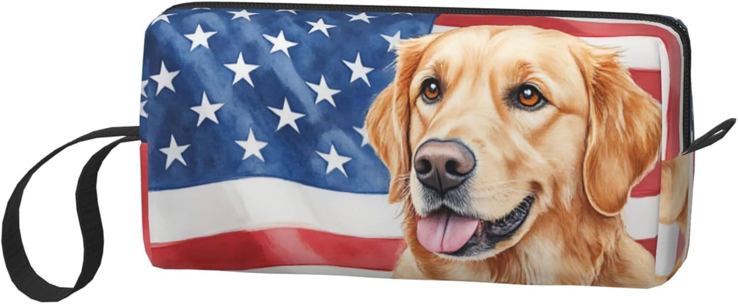 Golden Retriever American Flag Makeup Bag Small Compact & Durable Travel Cosmetic Bag Organizer Oxford Fabric Impact-Resistant Multi-Purpose Storage Perfect for Travel, Gym, Daily Use