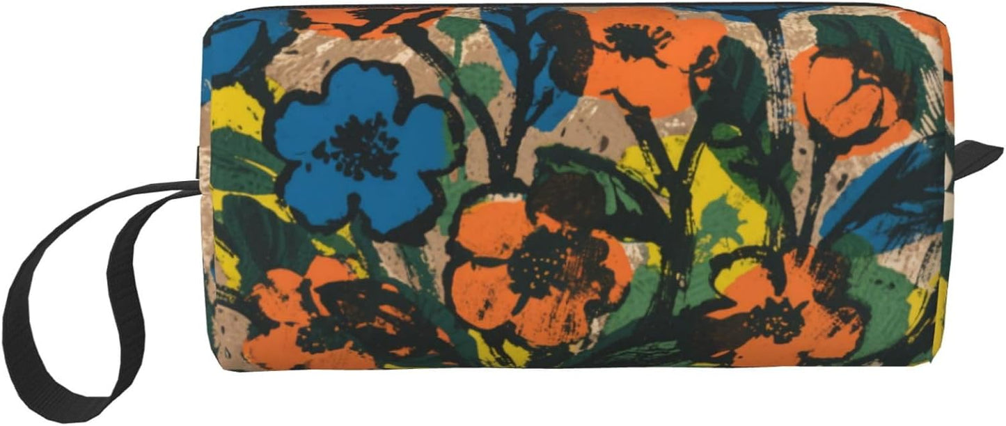 Bold Hues Floral Art Makeup Bag Small Compact & Durable Travel Cosmetic Bag Organizer Oxford Fabric Impact-Resistant Multi-Purpose Storage Perfect for Travel, Gym, Daily Use