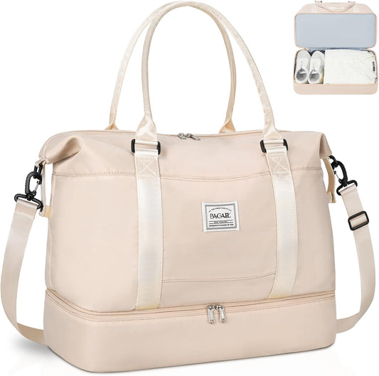 BAGAIL Travel Duffel Bag - Weekender & Overnight Gym Carry On Tote with Wet Pocket - Hospital Mom Bag for Labor and Delivery - Extra Large, Beige