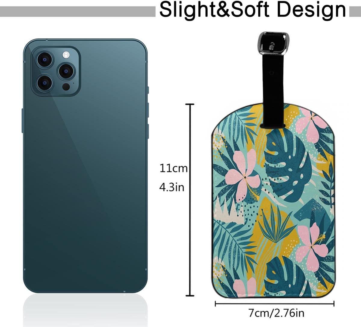 Tropical Flowers Suitcase ID Tag Identifiers Hawaii Palm Leaves Hibiscus Jungle Plants Leather Luggage Tags Travel Bag Tag Fully Bendable Baggage Labels, 1 Pack