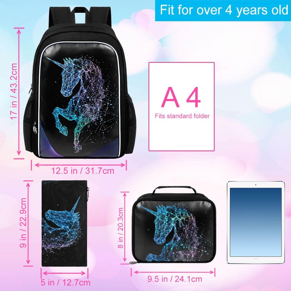 3PCS Unicorn Backpack, 17" Girls Bookbag with Lunch Box, Kids Water Resistant Middle Elementary