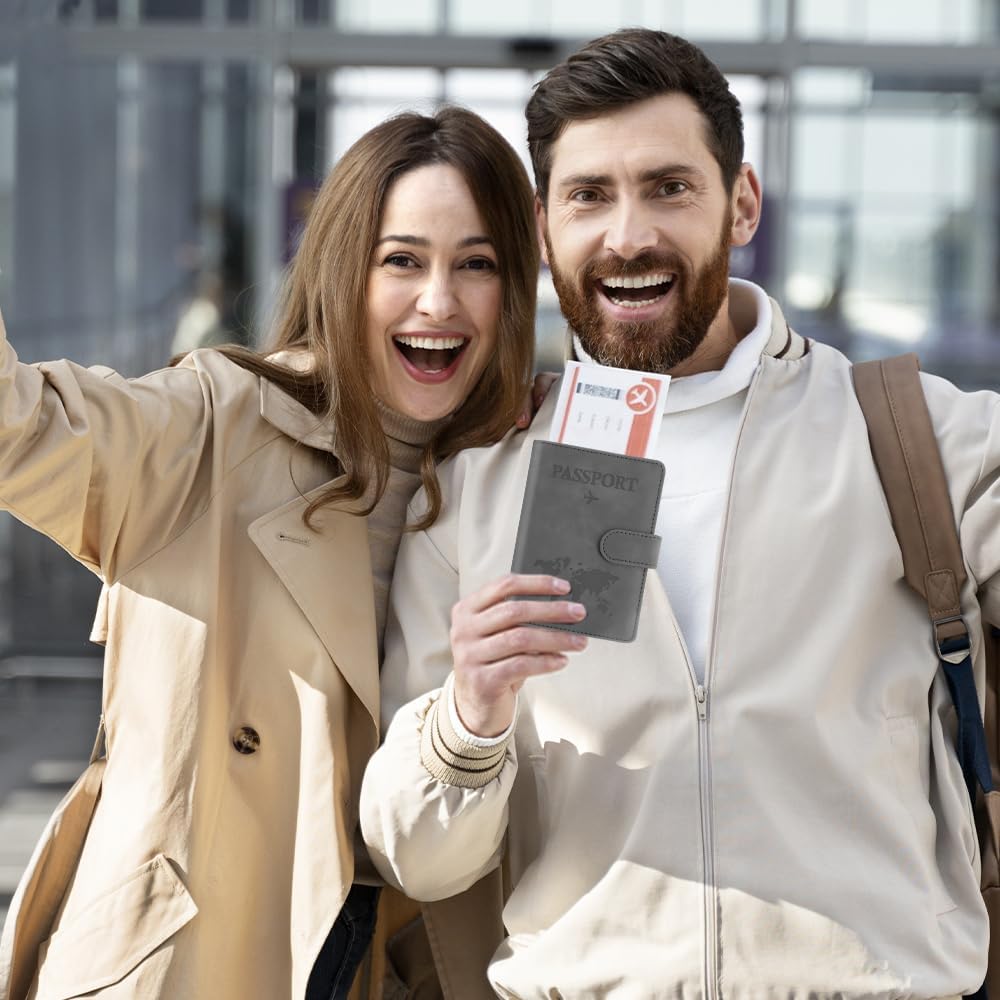 Passport Holder for Travel, Passport Cover Wallet, Premium PU Leather Passport Book Card Holder Case for Women Men, Waterproof RFID Blocking Flying Travelling Essentials Vacation Must Haves, Grey
