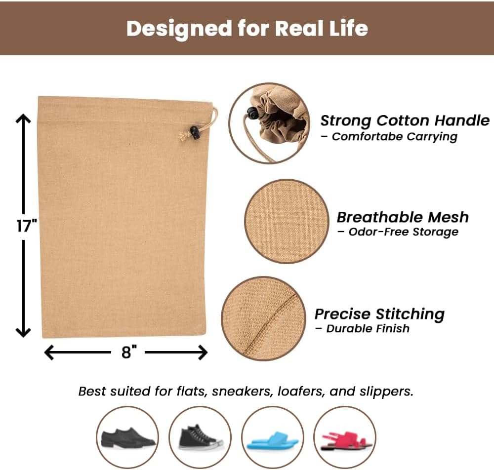 LFH Cotton Rich Shoe Storage Bags with Drawstring, Dustproof Breathable Reusable Organizer, Perfect For Travel, Dorm, Hotel, College, Gym, Easy to Carry, Machine Washable 8"x17" (Pack of 2) - Beige