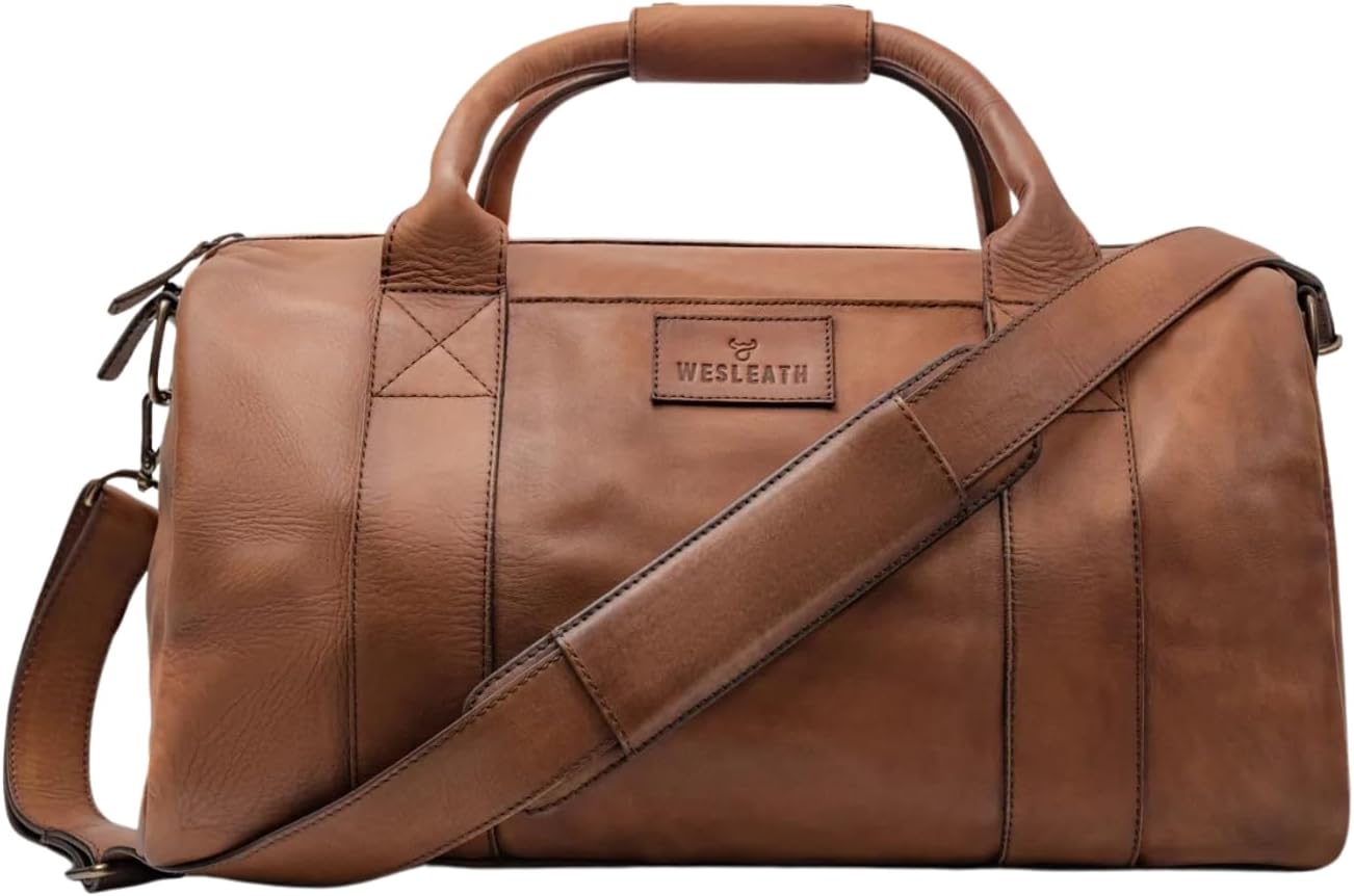 Full Grain Leather Duffle Bag – 25L Travel, Gym & Carry-On Weekender for Men | Handcrafted Overnight Bag with Brass Hardware, Vintage Style