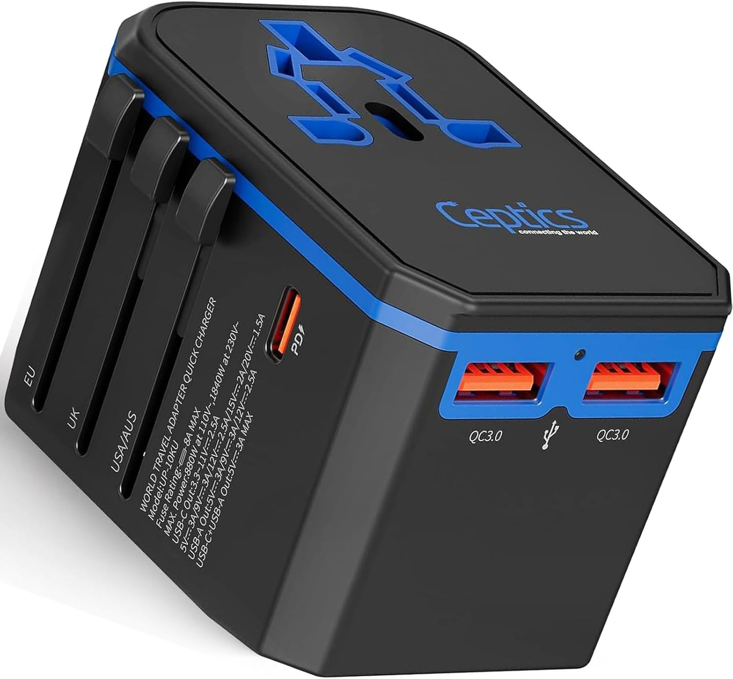 Ceptics International Power Adapter, World Travel adapter w/ PD 30W USB-C - 2 USB-A Ports Universal