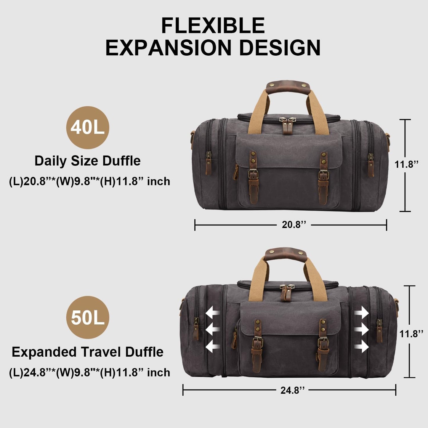 Waxed Canvas Duffel Bag 50L Waterproof Duffle Bag Travel Overnight Weekender Bag