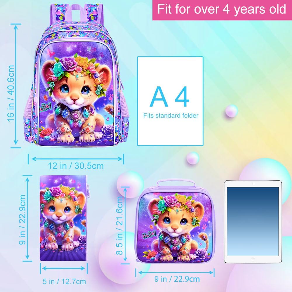 3Pcs Backpack for Girls, 16" Kids Bookbag with Lunch Box，Lion School Backpacks for Elementary Preschool Kindergarten (Purple)